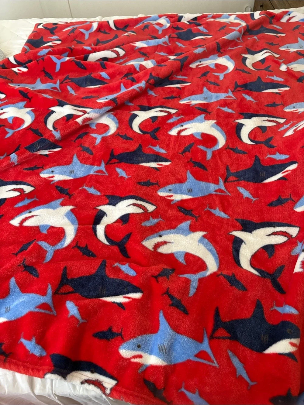 Shark Print Plush Throw Blanket - Red, Blue, White